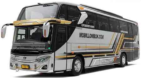 bus pariwisata di lombok dengan warna abu dengan merek mobillombok dot com pada samping bus