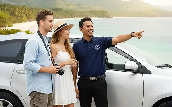 sopir sedang mengarahkan wisatawan dengan rute yang terbaik